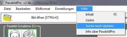 Manüpunkt "Suche nach Updates"